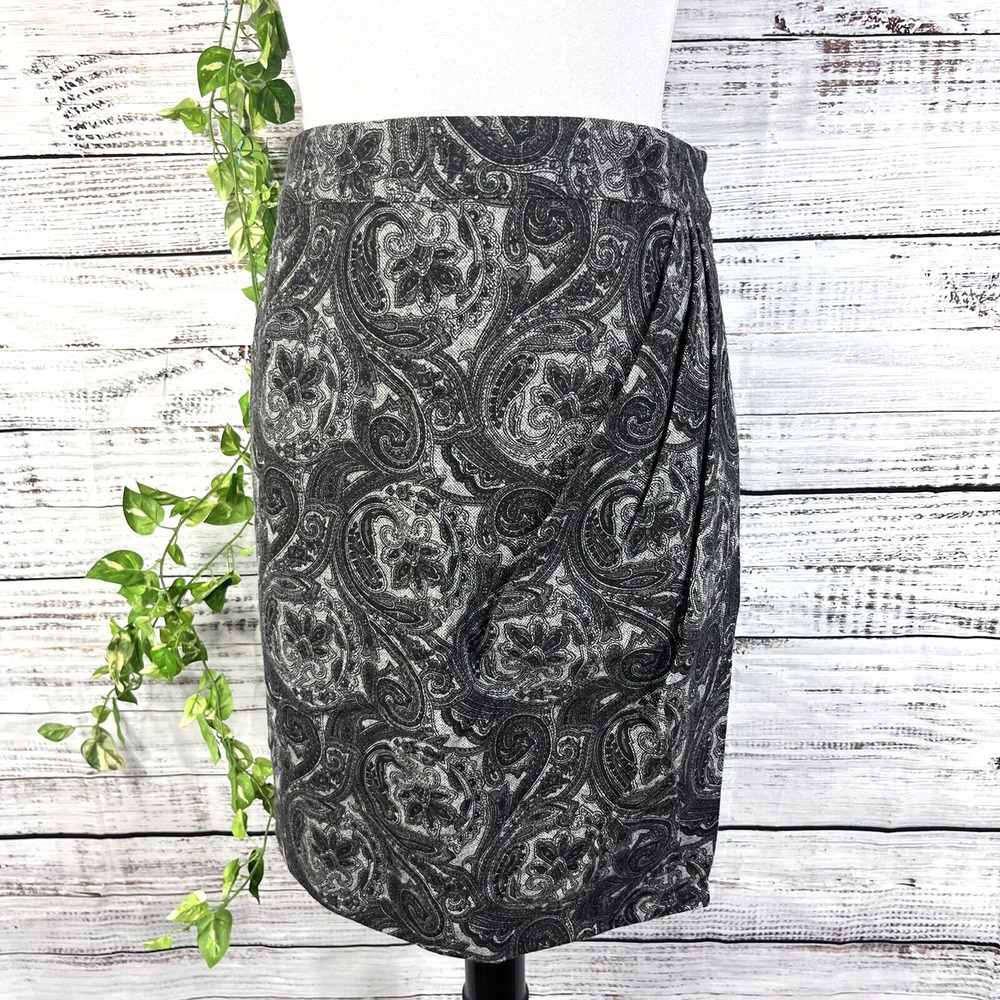 Talbots Skirt size 10 Petite Black Gray Wool Paisley Wrap Straight Knee Boho
